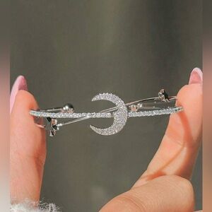 Silver Rhinestone Crescent Moon Open Cuff Bracelet